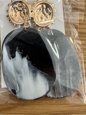 Black & White Marble Oval Dangle Earrings with Gold Tops
